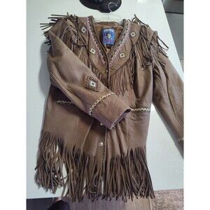 Tribe America Brown Leather Beaded Snap Jacket Fringe Bead Work Size 16 USA Read